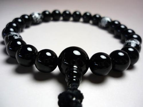 Men's prayer beads, black onyx, Feng Shui Four Guardians carving