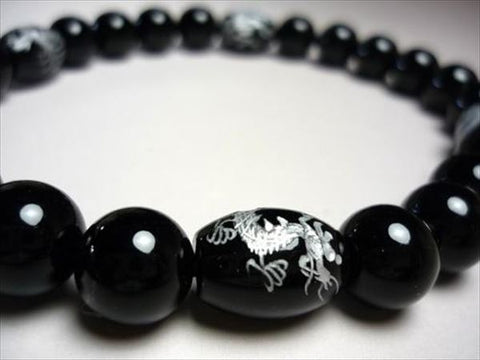 Men's prayer beads, black onyx, Feng Shui Four Guardians carving