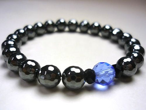 Hematite 8mm bead bracelet, 128 facets, blue quartz and black onyx