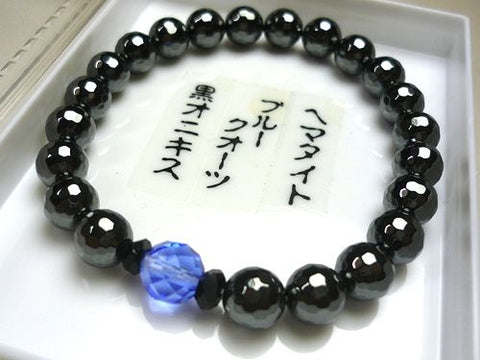 Hematite 8mm bead bracelet, 128 facets, blue quartz and black onyx