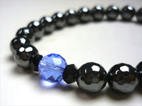 Hematite 8mm bead bracelet, 128 facets, blue quartz and black onyx