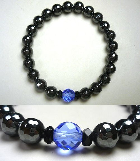 Hematite 8mm bead bracelet, 128 facets, blue quartz and black onyx