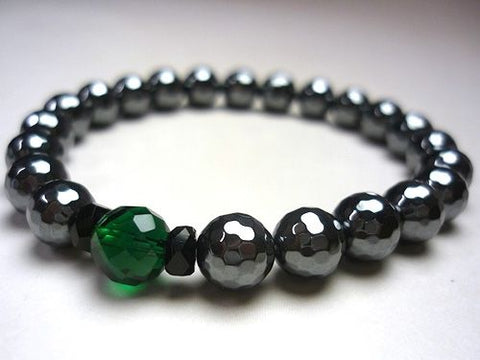 Hematite 8mm bead bracelet, 128 facets, green quartz and black onyx