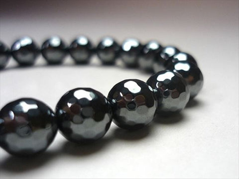 Hematite 8mm bead bracelet, 128 facets, green quartz and black onyx