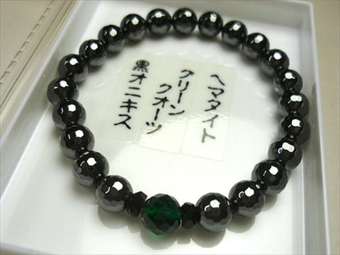 Hematite 8mm bead bracelet, 128 facets, green quartz and black onyx