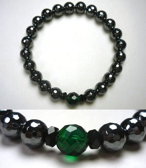 Hematite 8mm bead bracelet, 128 facets, green quartz and black onyx