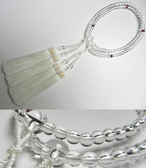 Women's Crystal Prayer Beads, Ruby Finish, Double-Strand, White Tassel