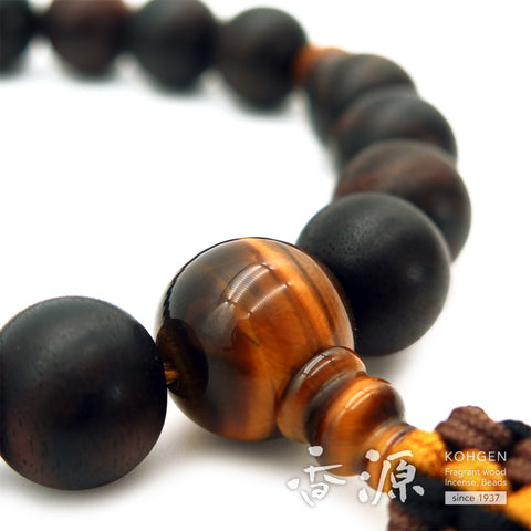 Men's Prayer Beads, Striped Ebony, Tiger's Eye Finish, 18-Bead, Jodo Shinshu Style