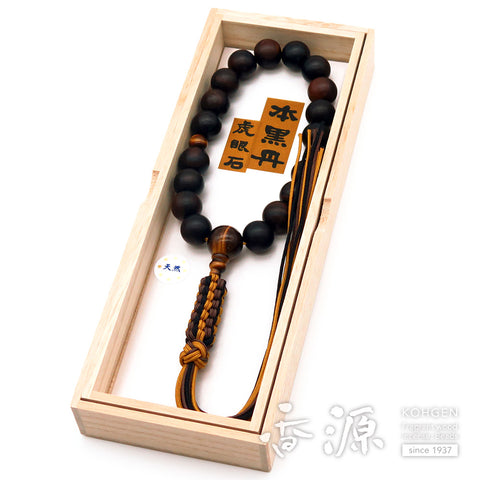 Men's Prayer Beads, Striped Ebony, Tiger's Eye Finish, 18-Bead, Jodo Shinshu Style