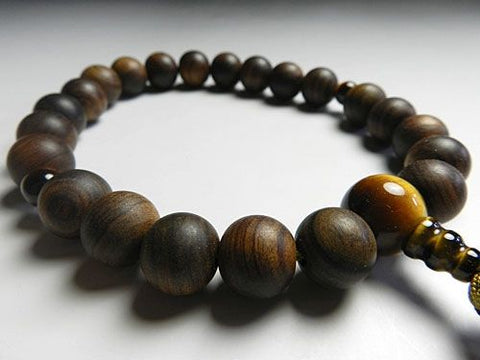 Men's Prayer Beads, Sendan Wood, 22 Beads, Tiger's Eye Finish, String Tassel, for Jodo Shinshu Sect