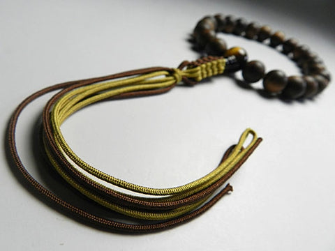 Men's Prayer Beads, Sendan Wood, 22 Beads, Tiger's Eye Finish, String Tassel, for Jodo Shinshu Sect