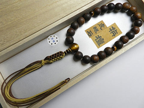 Men's Prayer Beads, Sendan Wood, 22 Beads, Tiger's Eye Finish, String Tassel, for Jodo Shinshu Sect