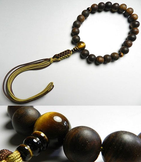 Men's Prayer Beads, Sendan Wood, 22 Beads, Tiger's Eye Finish, String Tassel, for Jodo Shinshu Sect