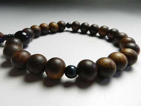 Men's Prayer Beads, Sendan Sandalwood, 22-Bead, Blue Tiger's Eye Finish, Jodo Shinshu Style