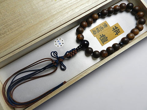 Men's Prayer Beads, Sendan Sandalwood, 22-Bead, Blue Tiger's Eye Finish, Jodo Shinshu Style