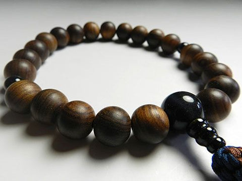 Men's Prayer Beads, Sendan Sandalwood, 22-Bead, Blue Tiger's Eye Finish, Jodo Shinshu Style