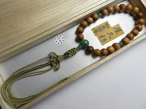 Men's Prayer Beads, Yakusugi Cedar, 22-Bead, Indian Jade Finish, Jodo Shinshu Style
