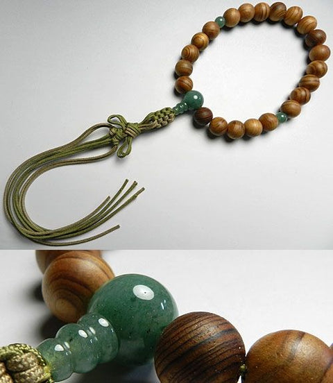 Men's Prayer Beads, Yakusugi Cedar, 22-Bead, Indian Jade Finish, Jodo Shinshu Style