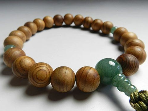 Men's Prayer Beads, Yakusugi Cedar, 22-Bead, Indian Jade Finish, Jodo Shinshu Style
