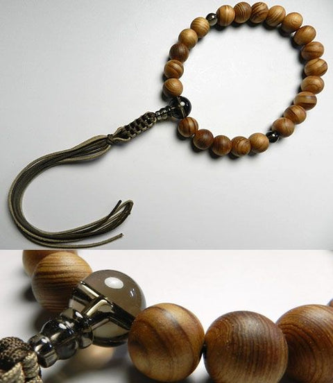 Men's Prayer Beads, Yakusugi Cedar, 22 Beads, Smoky Quartz Finish, String Tassel, for Jodo Shinshu Sect