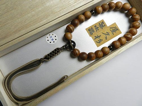 Men's Prayer Beads, Yakusugi Cedar, 22 Beads, Smoky Quartz Finish, String Tassel, for Jodo Shinshu Sect
