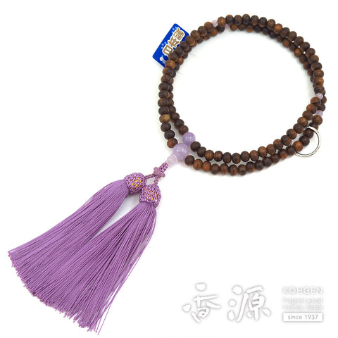 Women's Prayer Beads, Sendan Sandalwood, Soto Zen Sect, Lavender Amethyst Finish