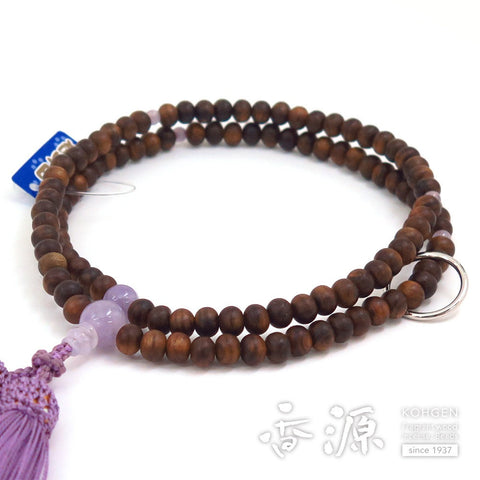 Women's Prayer Beads, Sendan Sandalwood, Soto Zen Sect, Lavender Amethyst Finish