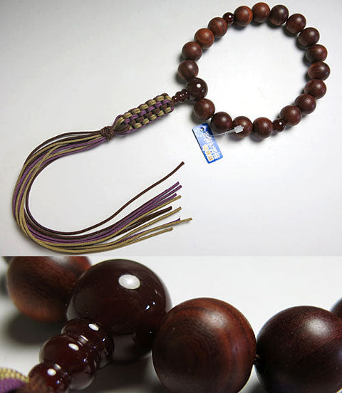 Men's prayer beads, rosewood, agate finish, Jodo Shinshu
