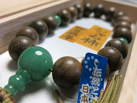 Men's Prayer Beads, Siamese Ebony, 18-Bead, Indian Jade Finish, Jodo Shinshu Style