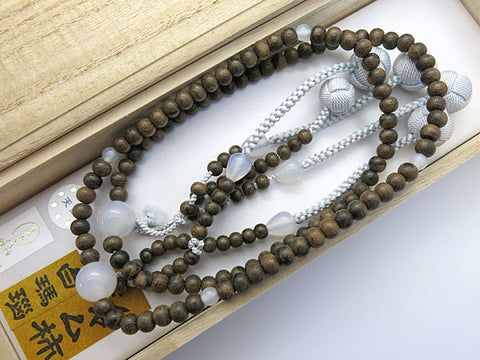 Men's Prayer Beads, Siam Ebony, White Agate Finish, Nichiren Sect, Nisōhan Hokke Style