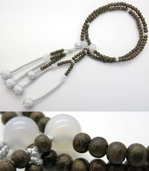 Men's Prayer Beads, Siam Ebony, White Agate Finish, Nichiren Sect, Nisōhan Hokke Style