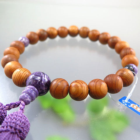 Men's Prayer Beads, Yakusugi Cedar, Charoite Finish, 22 Beads, Limited Edition