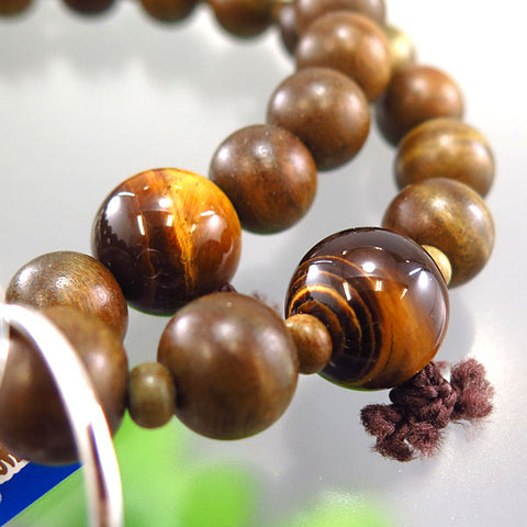 Men's prayer beads, green sandalwood, tiger's eye