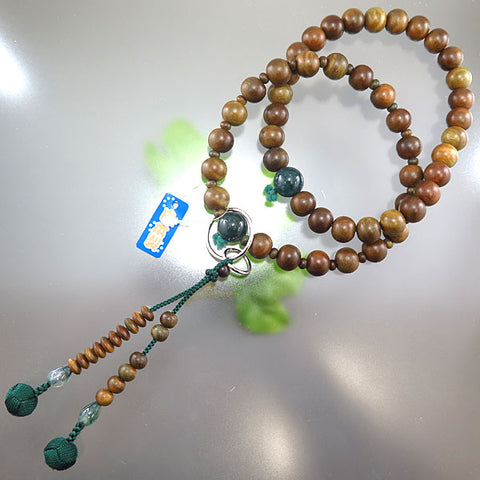 Men's prayer beads, green sandalwood, blue moss agate