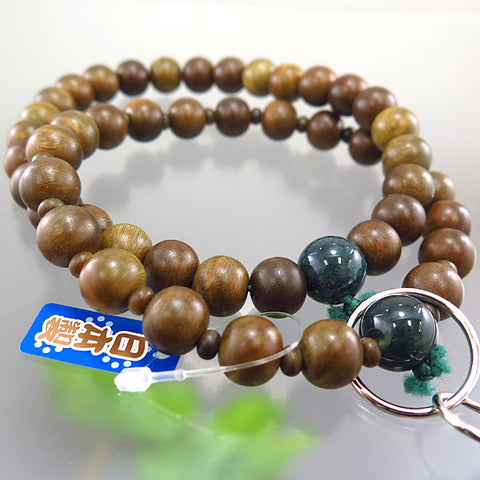 Men's prayer beads, green sandalwood, blue moss agate