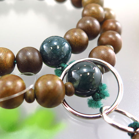 Men's prayer beads, green sandalwood, blue moss agate