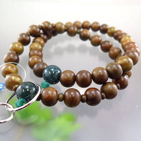 Men's prayer beads, green sandalwood, blue moss agate