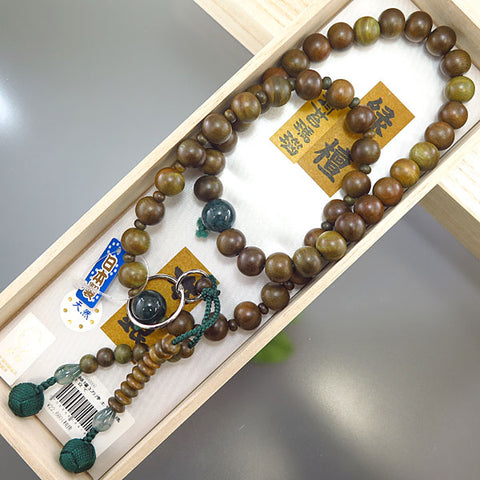 Men's prayer beads, green sandalwood, blue moss agate