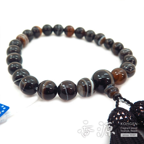 Men's prayer beads, black striped agate, 22 beads
