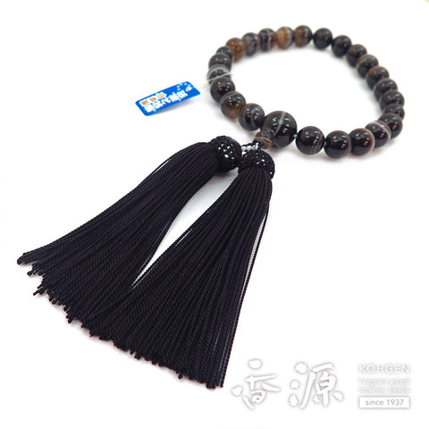 Men's prayer beads, black striped agate, 22 beads