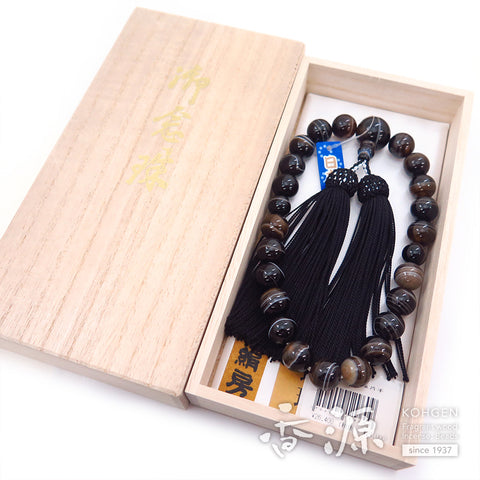 Men's prayer beads, black striped agate, 22 beads