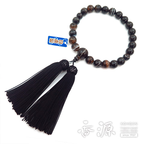Men's prayer beads, black striped agate, 22 beads