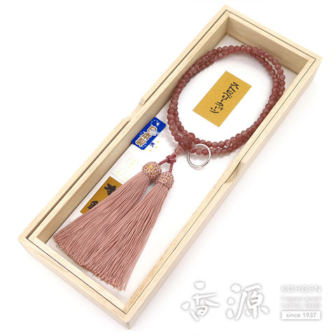 Women's Prayer Beads, Strawberry Quartz, 8-Sun, Soto Zen Sect