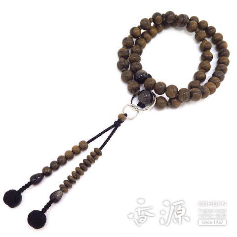 Men's Prayer Beads, Siamese Ebony, Jodo Sect, Sanman Jodo Style, Silver Obsidian Finish
