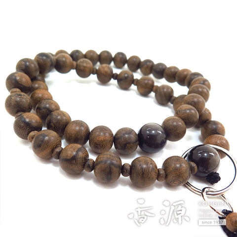 Men's Prayer Beads, Siamese Ebony, Jodo Sect, Sanman Jodo Style, Silver Obsidian Finish