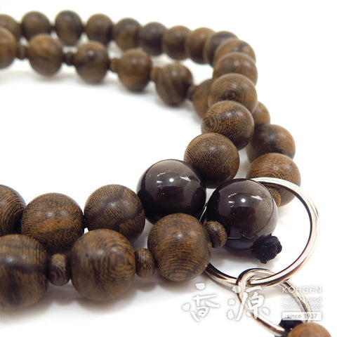 Men's Prayer Beads, Siamese Ebony, Jodo Sect, Sanman Jodo Style, Silver Obsidian Finish