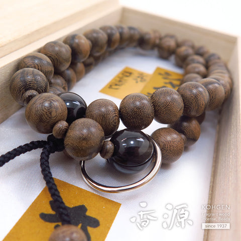 Men's Prayer Beads, Siamese Ebony, Jodo Sect, Sanman Jodo Style, Silver Obsidian Finish