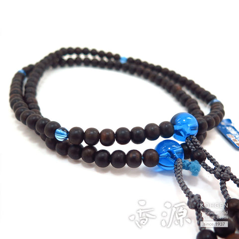 Men's Prayer Beads, Ebony (Subiki), Shingon Sect, Shaku-Ni Furiwake Style, Blue Quartz Finish