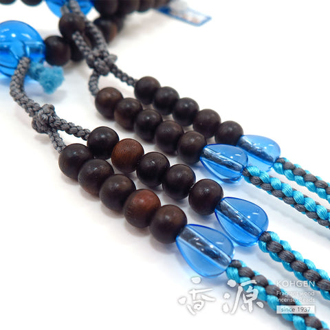 Men's Prayer Beads, Ebony (Subiki), Shingon Sect, Shaku-Ni Furiwake Style, Blue Quartz Finish