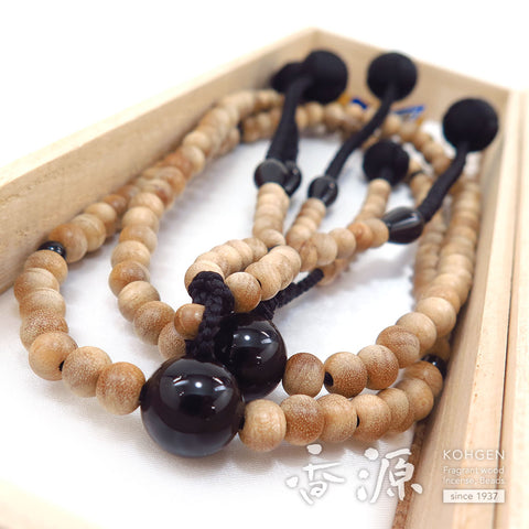 Men's prayer beads, cherry wood, black onyx, Nichiren sect